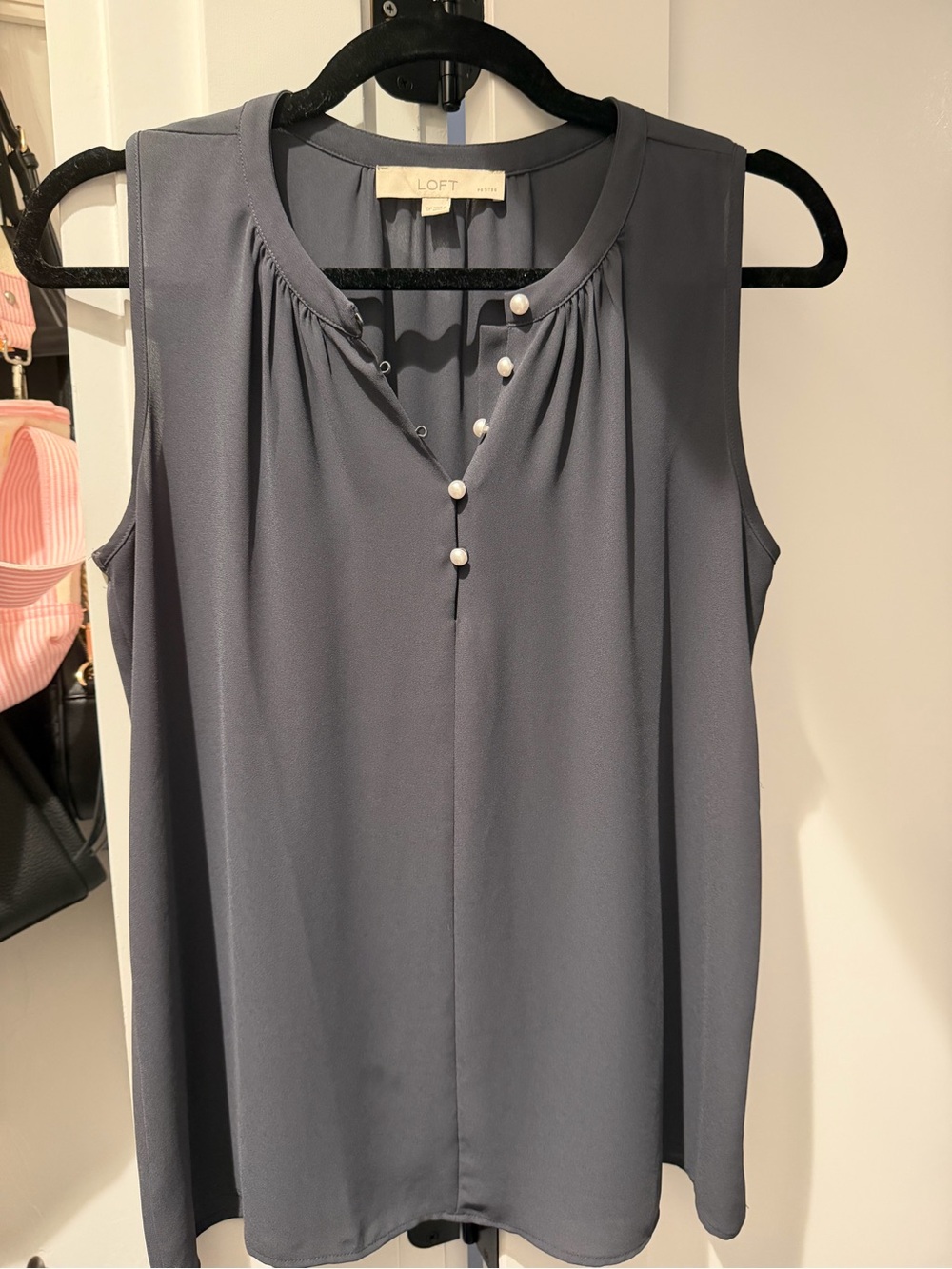 LOFT Pearl-Button Sleeveless Shell Top in Slate Gray
